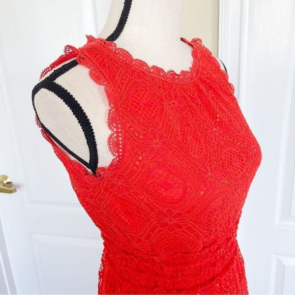 Max Studio XS Red Orange Bright Cheerful Floral Lacy Layered Sleeveless Dress - Picture 8 of 13